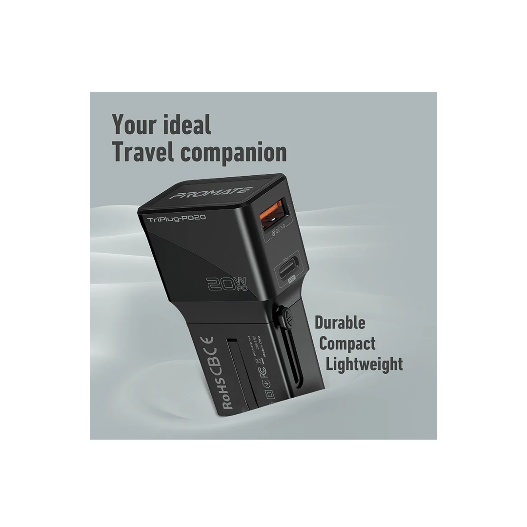 Promate TriPlug-PD20 Sleek Universal Travel Adapter with 20W Power Delivery & Quick Charge 3.0 - Black in Qatar Promate TriPlug-PD20 Sleek Universal Travel Adapter with 20W Power Delivery & Quick Charge 3.0 - Black in Qatar